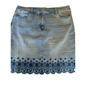 Talbots Embroidered Denim Pencil Skirt Blue Floral 14 Scalloped Hem Cottagecore